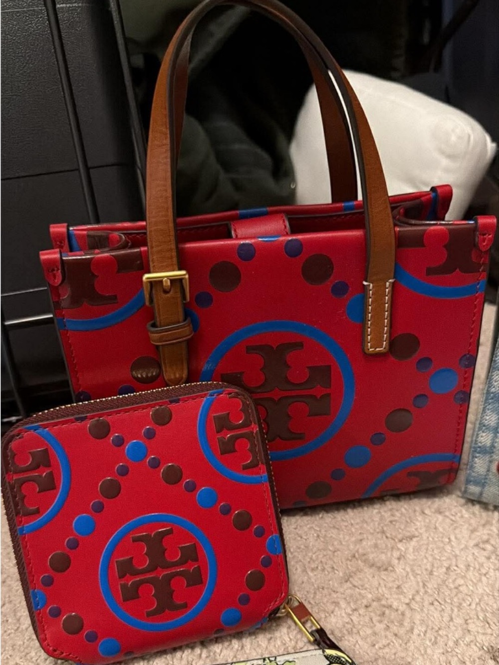 Tory Burch Red and Brown Mini Bag with Blue Accents
with matching wallet